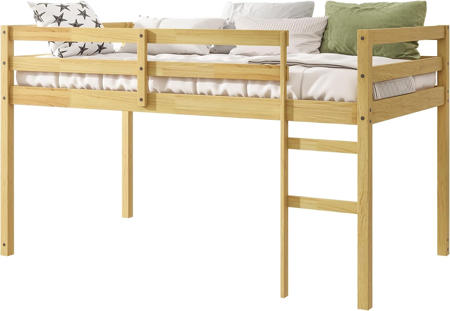 JIVOIT Twin Size Loft Bed with Ladder, Solid Rubber Wooden Low Height Loft Bed, Bed Platform of Strengthened Slats, No Box Spring Needed (Natural//14)