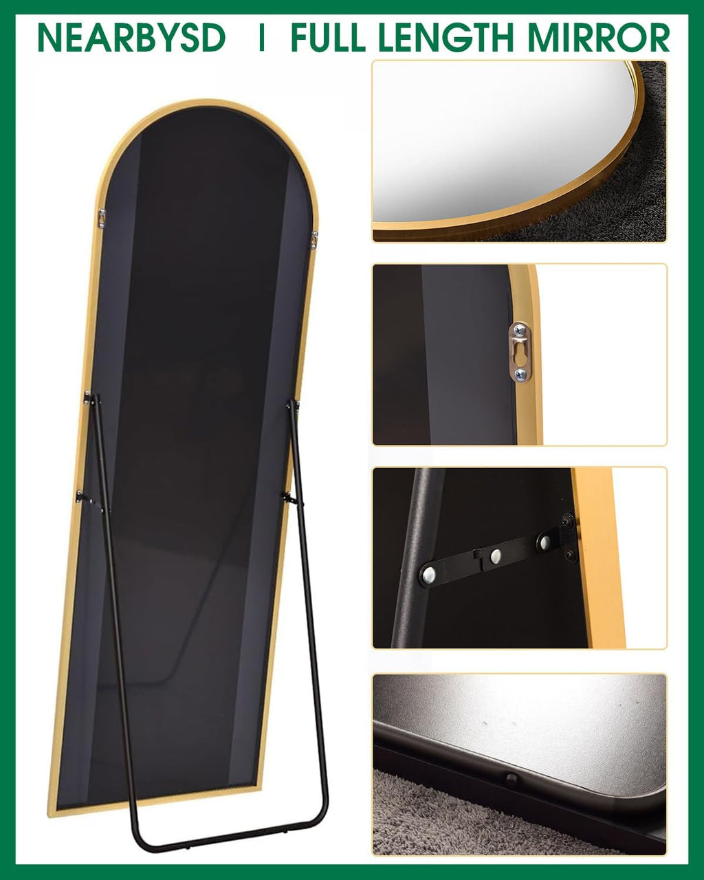 NEARBYSD Oversized Full Length Mirror, Arched Body Mirror with Aluminum Stand, 76'x34', Hanging or Leaning, Wall Mounted, Gold