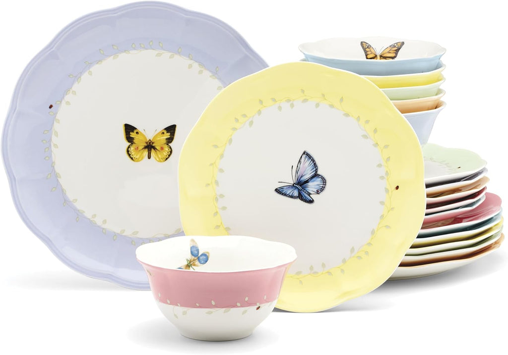 Lenox Dinnerware Set, Butterfly Meadow Colors 18-Piece Set, Service For 6, Porcelain, Dishwasher Safe, Colorful Design, Dinner Plates, Accent Plates, Bowls, Plate & Bowl Sets (18 Pieces, Assorted)