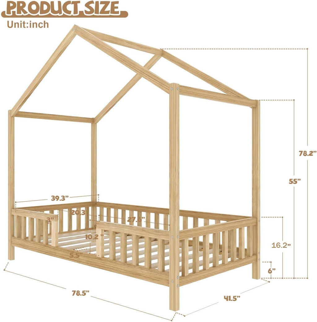 Cute Montessori Bed Frame Twin Size with Canopy, Low Profile House Shape Bed with Safety Railing & Wood Slat Support, Kids Playhouse Bedframes for Boys Girls (Natural, Twin)