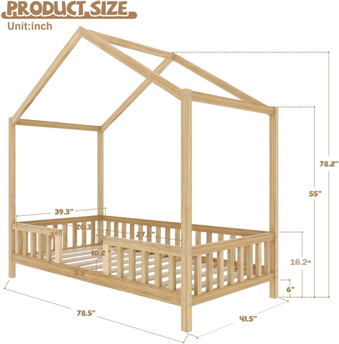 Cute Montessori Bed Frame Twin Size with Canopy, Low Profile House Shape Bed with Safety Railing & Wood Slat Support, Kids Playhouse Bedframes for Boys Girls (Natural, Twin)