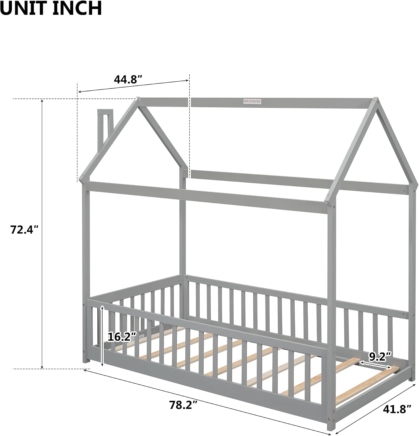Twin Floor Bed with Slats, Twin Floor Bed for Children, Wooden Montessori Bed with Fence, House Bed for Boys Girls Bedroom - Grey