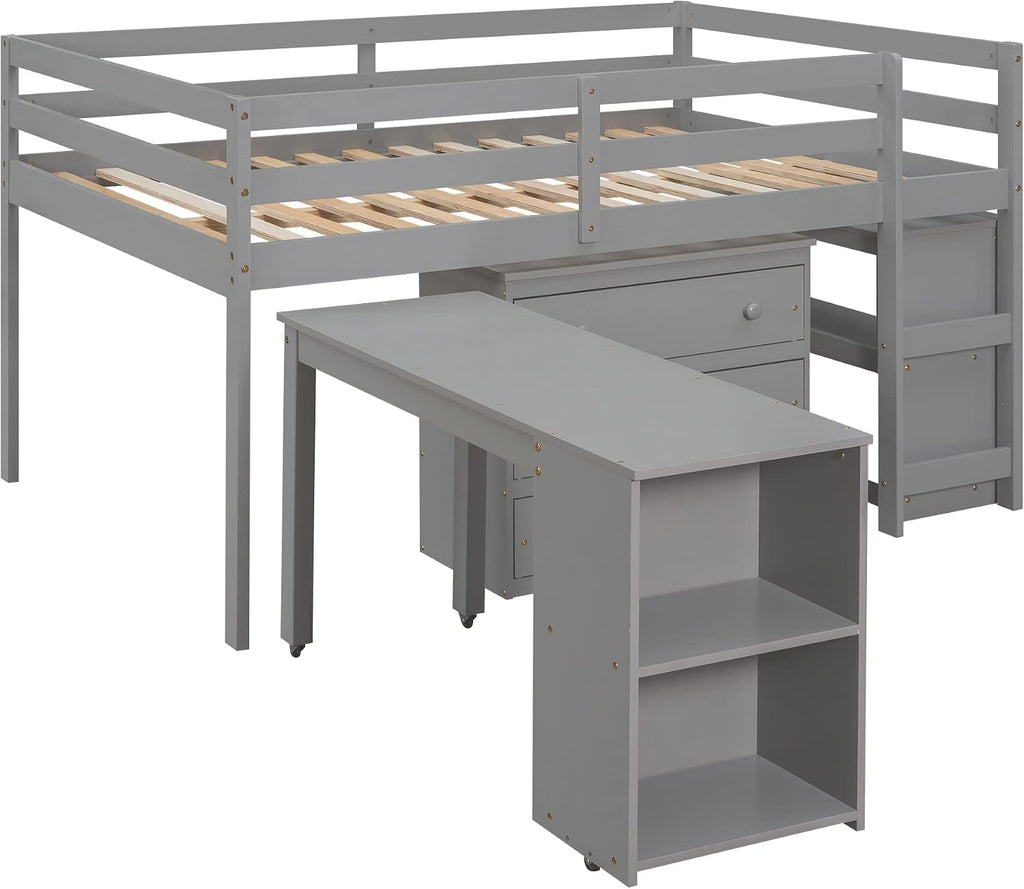 JIVOIT Full Size Low Loft Bed with Rolling Portable Desk, Wooden Loft Bed with Cabinet/Bookshelf/Drawers/Open Shelves for Kids Teens Adults, No Box Spring Required (Gray-Full-Rolling Portable Desk)