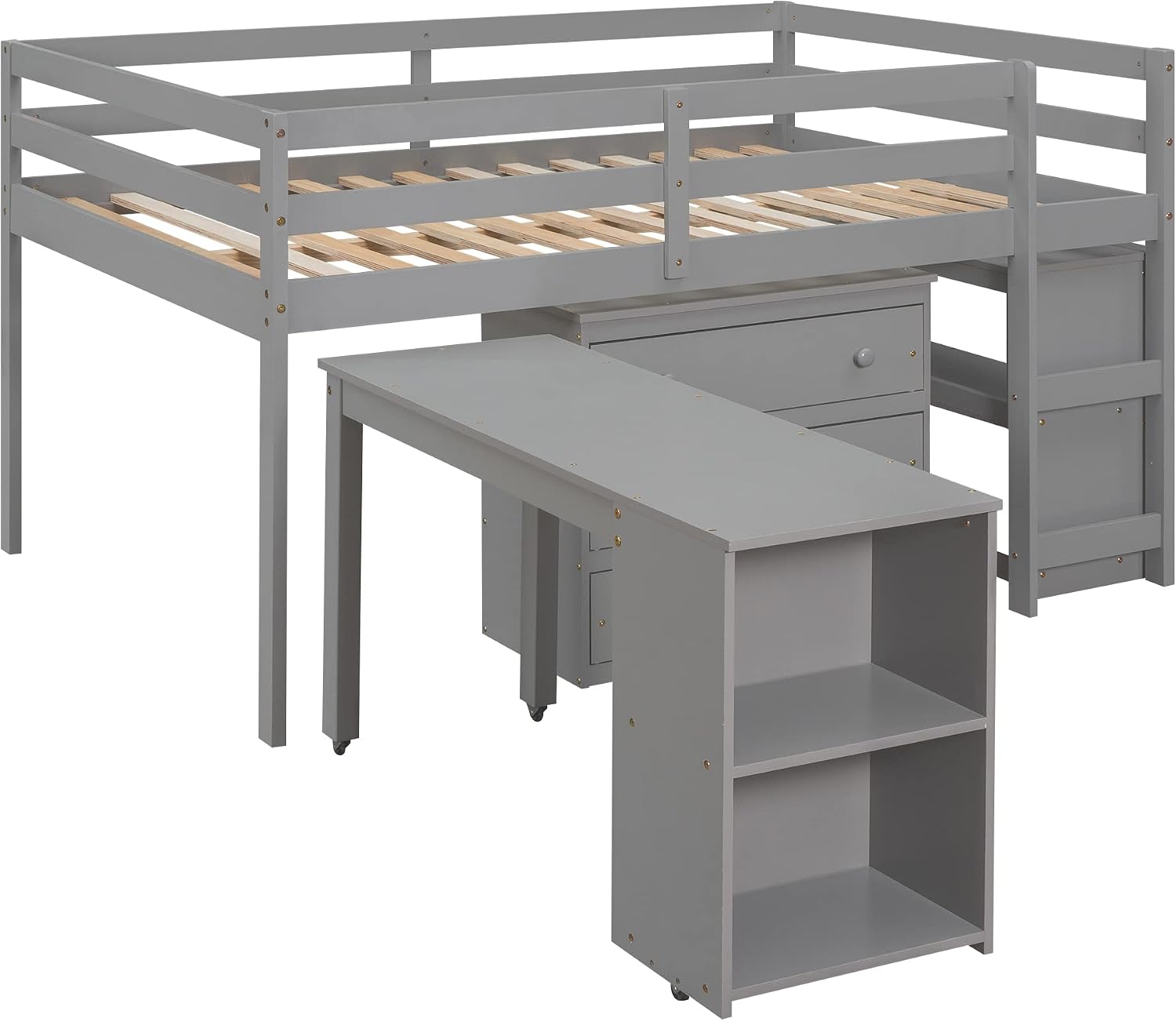 JIVOIT Full Size Low Loft Bed with Rolling Portable Desk, Wooden Loft Bed with Cabinet/Bookshelf/Drawers/Open Shelves for Kids Teens Adults, No Box Spring Required (Gray-Full-Rolling Portable Desk)