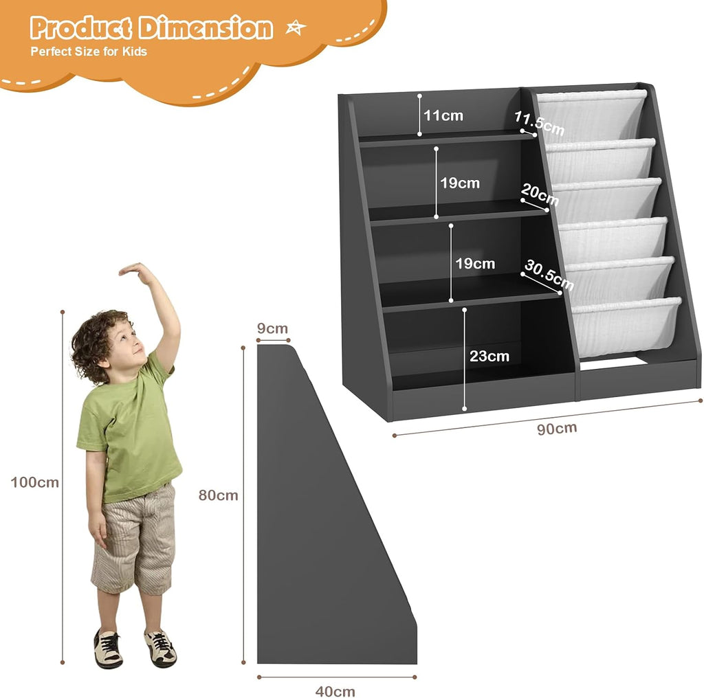 NACHES 4 Tier Kid Bookshelf Wooden 5 Sling Children Bookcase Toddler Montessori Bookcase Book Rack Display Toy Storage Organizer Book Display Shelf Stand Classroom Bedroom Nursery Playroom (Black)