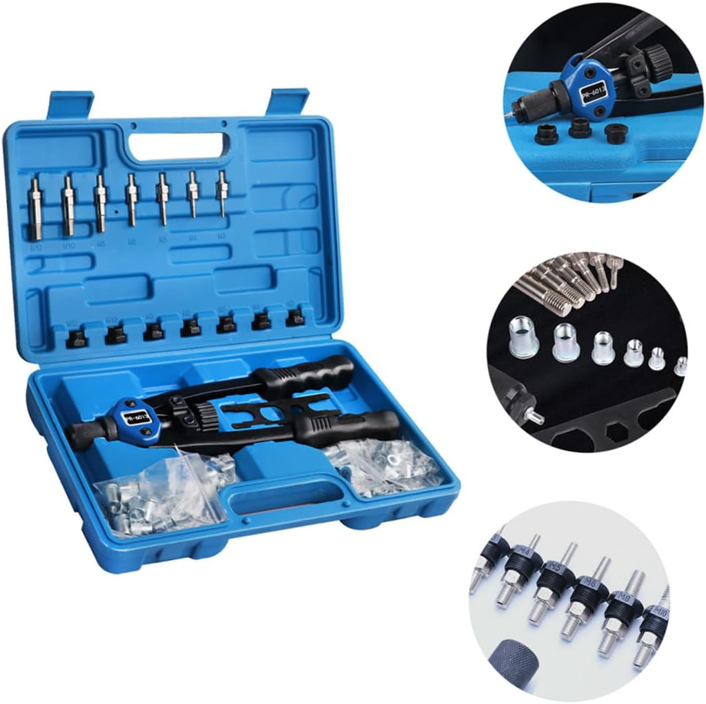 SHINEOFI 140pcs Manual Rivet Nut Tool Kit M3 to 12mm Threaded Insert Setter with Portable Plastic Case for Automotive Repair and Workshop Use