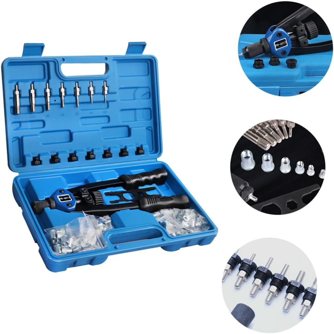 SHINEOFI 140pcs Manual Rivet Nut Tool Kit M3 to 12mm Threaded Insert Setter with Portable Plastic Case for Automotive Repair and Workshop Use