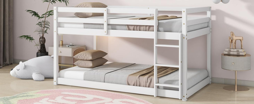 Ball & Cast Twin Over Twin Bunk Bed,Solid Rubber Wooden Low Floor Platform Bed with Ladder and Full Length Guardrail,Slat Support,Bedroom Furniture for Girls Boys,White