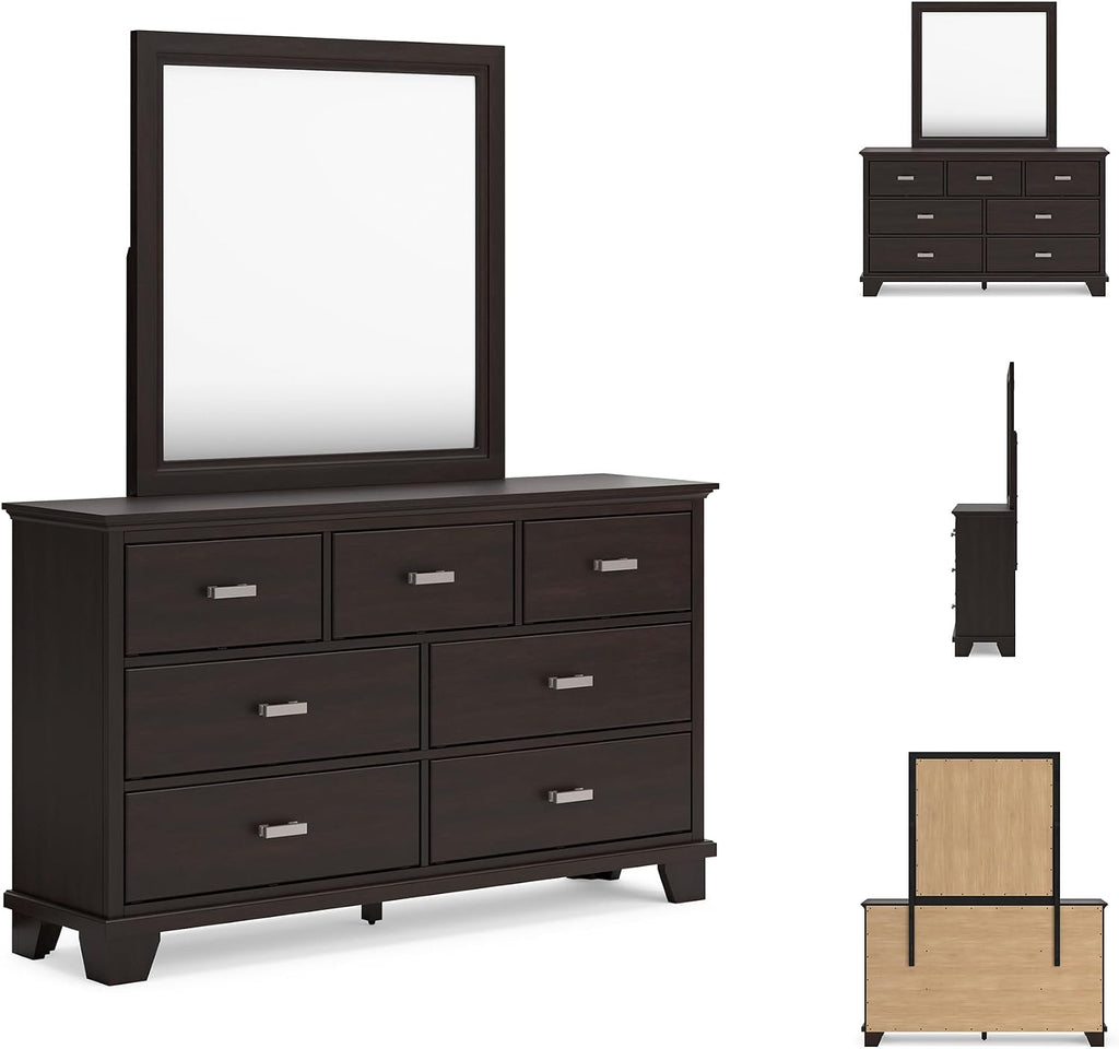 Signature Design by Ashley Covetown Contemporary 7-Drawer Dresser and Mirror with Safety Stop, Dark Brown