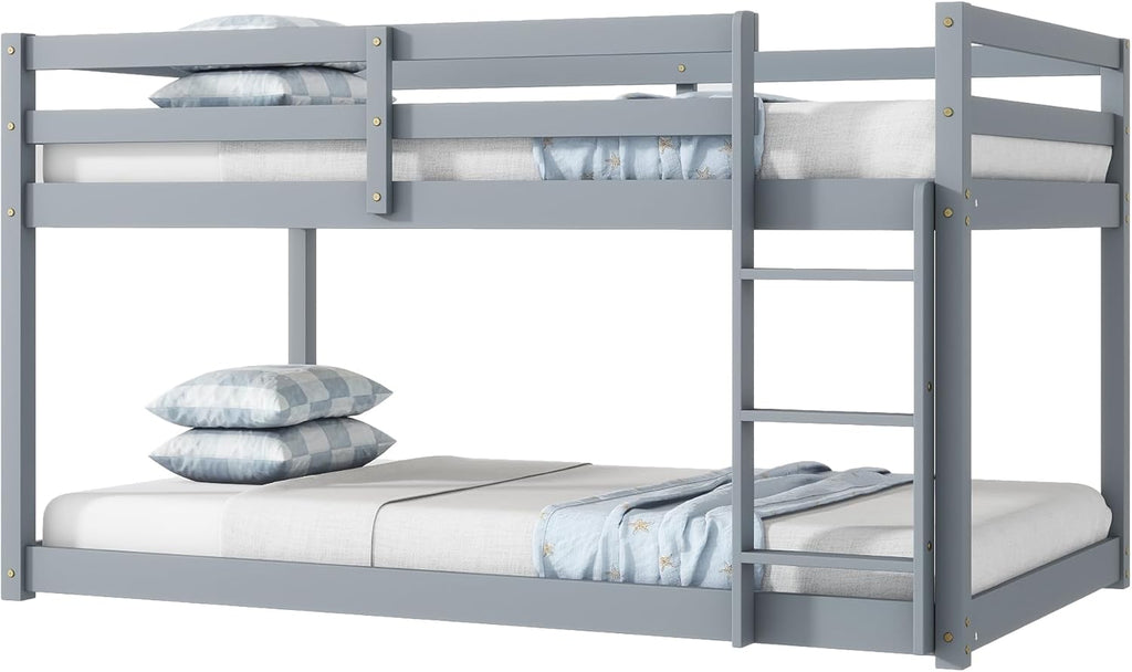 Ball & Cast Twin Over Twin Bunk Bed,Solid Rubber Wooden Low Floor Platform Bed with Ladder and Full Length Guardrail,Slat Support,Bedroom Furniture for Girls Boys,Grey