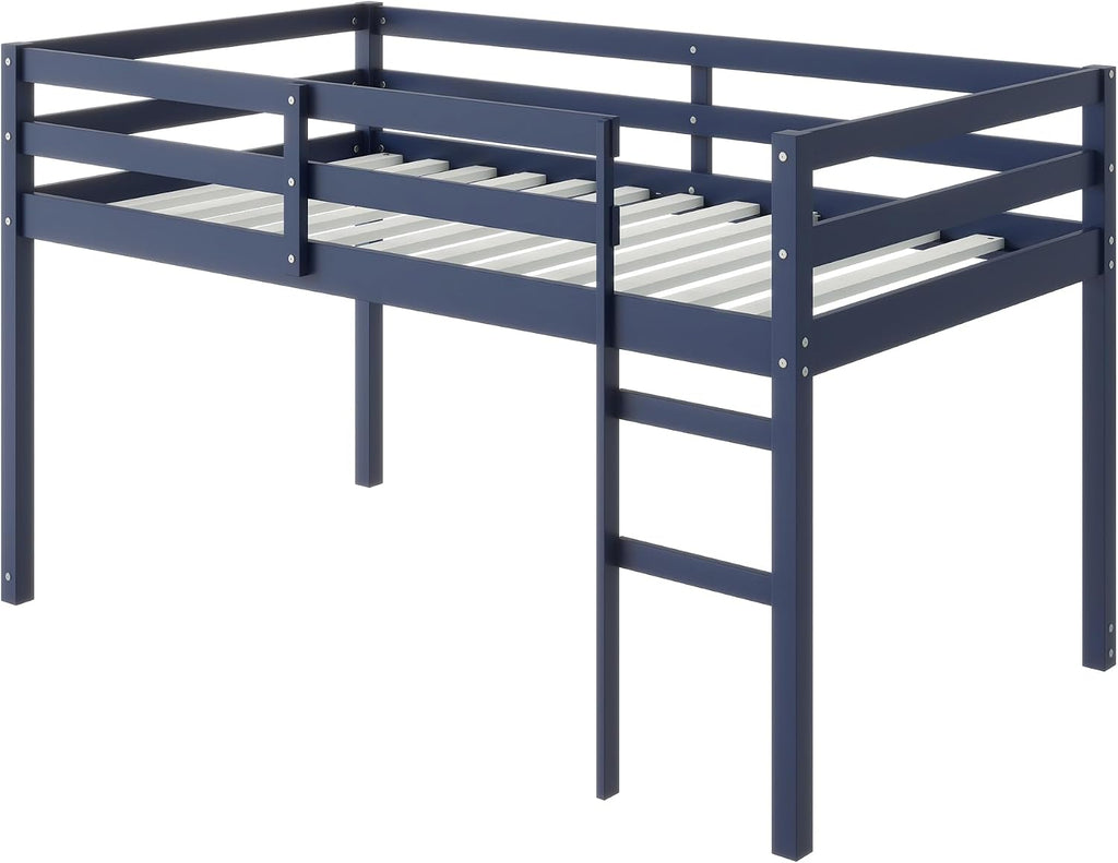 JIVOIT Twin Size Loft Bed with Ladder, Solid Rubber Wooden Low Height Loft Bed, Bed Platform of Strengthened Slats, No Box Spring Needed (Blue//14)