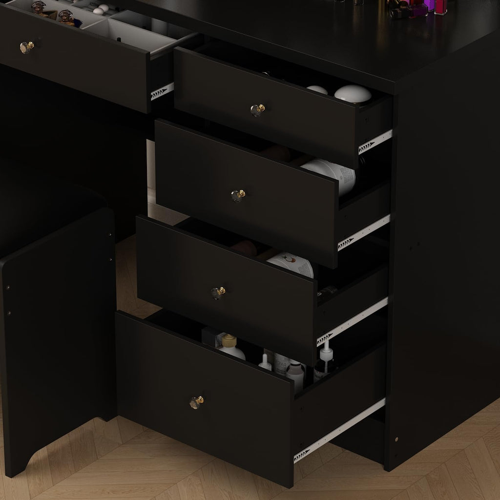 Vanity Desk Set with Sliding Lighted Mirror, Makeup Vanity with Drawer & Shelf, Dressing Table with Cushion Stool & Hidden Storage for Bedroom, Black