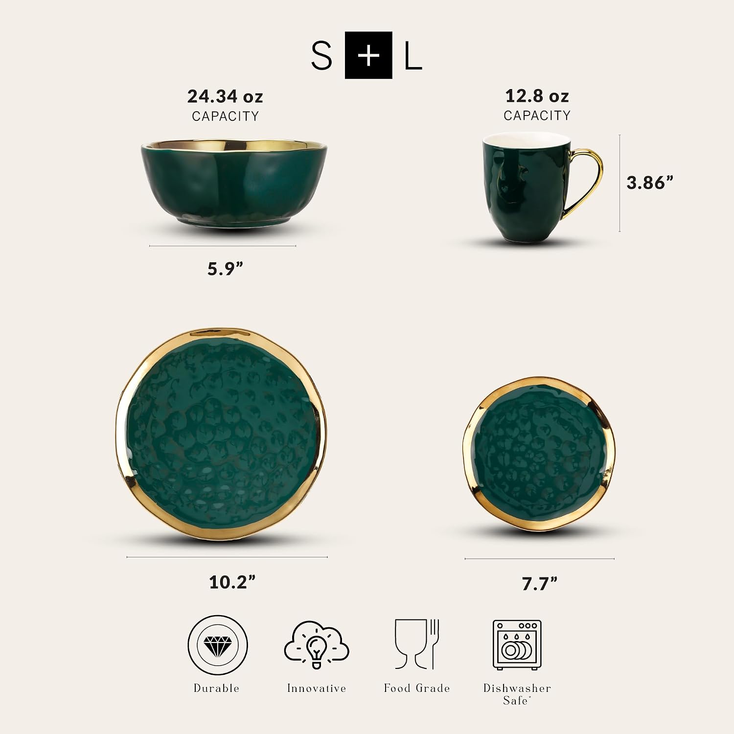 Stone Lain Florian Modern Porcelain 16 Piece Dinnerware Set, Plates and Bowls Set, Dish set for 4, Green and Golden Rim