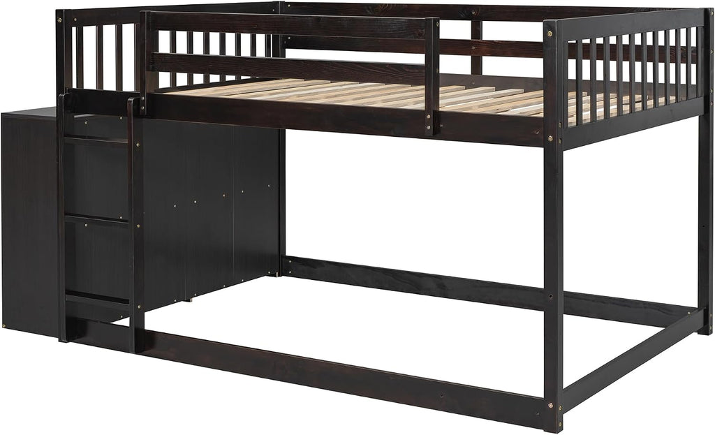 Merax Full Over Full Bunk Bed with 4 Storage Drawers and 3 Shelves, Wooden Floor Bunk Bedframe with Guardrail & Ladders, No Box Spring Needed, Easy Assembly