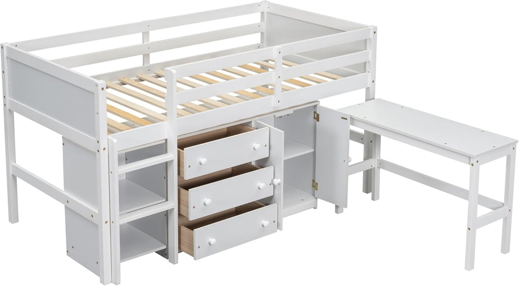 JIVOIT Twin Size Low Loft Bed with Retractable Desk, Multifunction Loft Bed with 3 Drawers, Cabinet and Shelves, Space Saving Wood Bed Frame for Kids Boys Girls (White * 02)