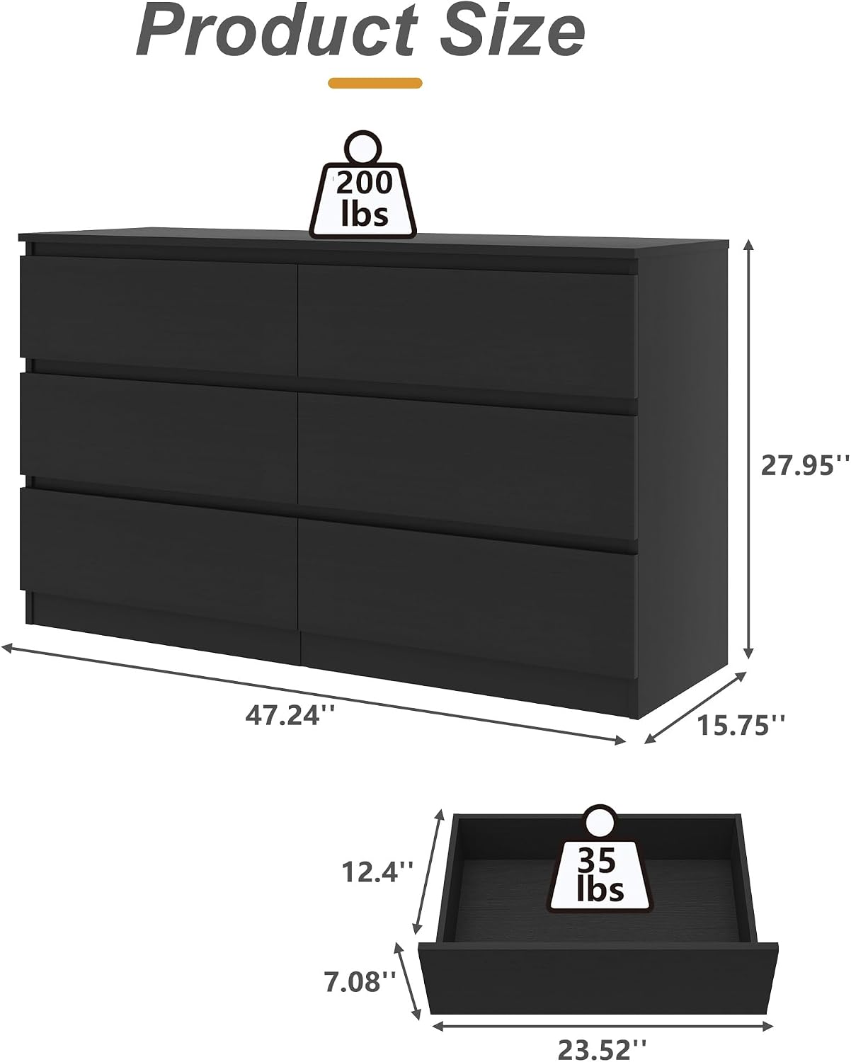 Black 6 Drawer Dresser for Bedroom, Modern Deep Drawer Dresser,Wide Chest of Drawers for Bedroom,Wood Storage Organizer Furniture,TV Dresser for Living Room