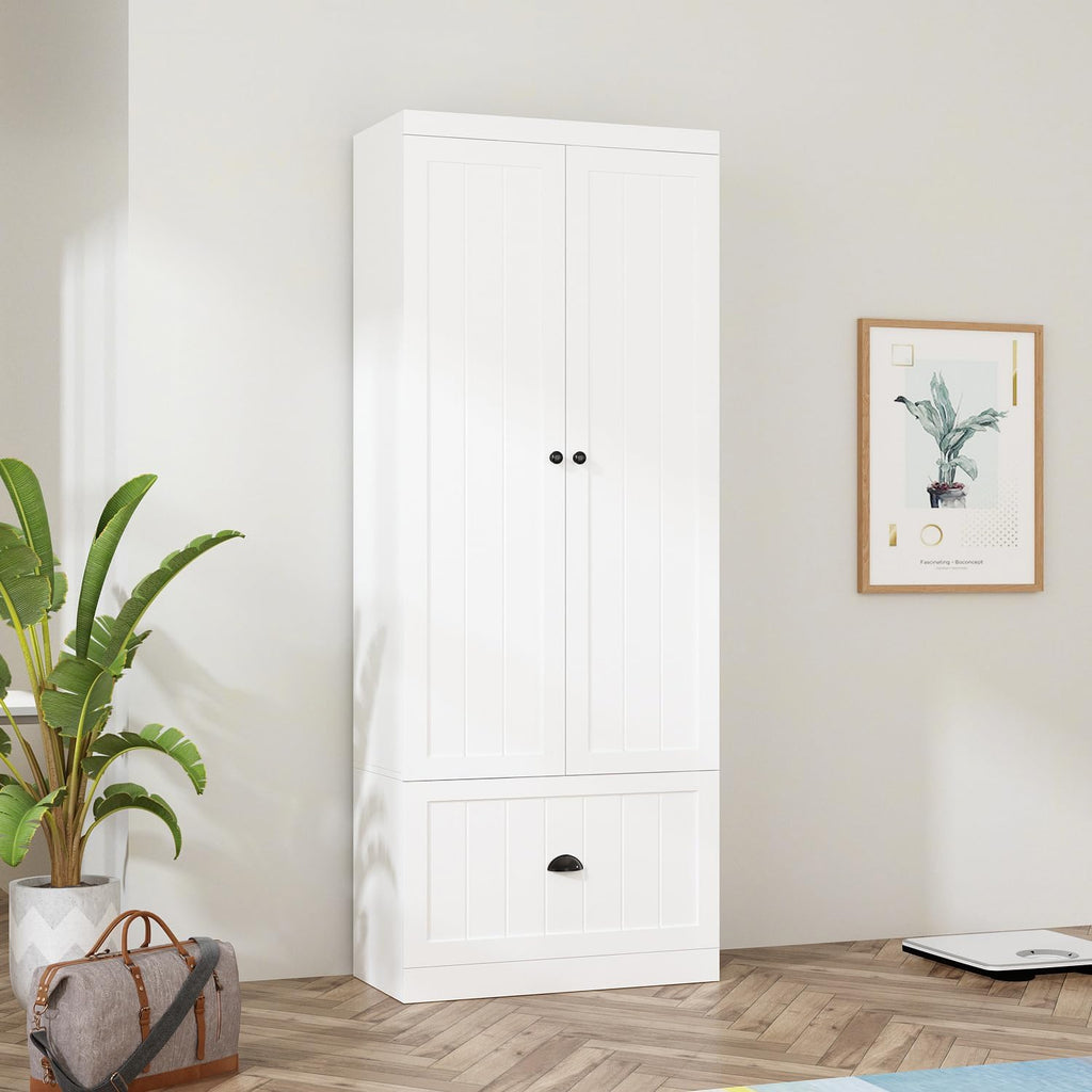 AIEGLE 2 Doors Wardrobe Armoire Closet, Bedroom Storage Cabinet Organizer with 4 Tiers Shelf & Drawer, Freestanding Armoire Wardrobe Cabinet, White (27.6' W x 13.8' D x 70.9' H)