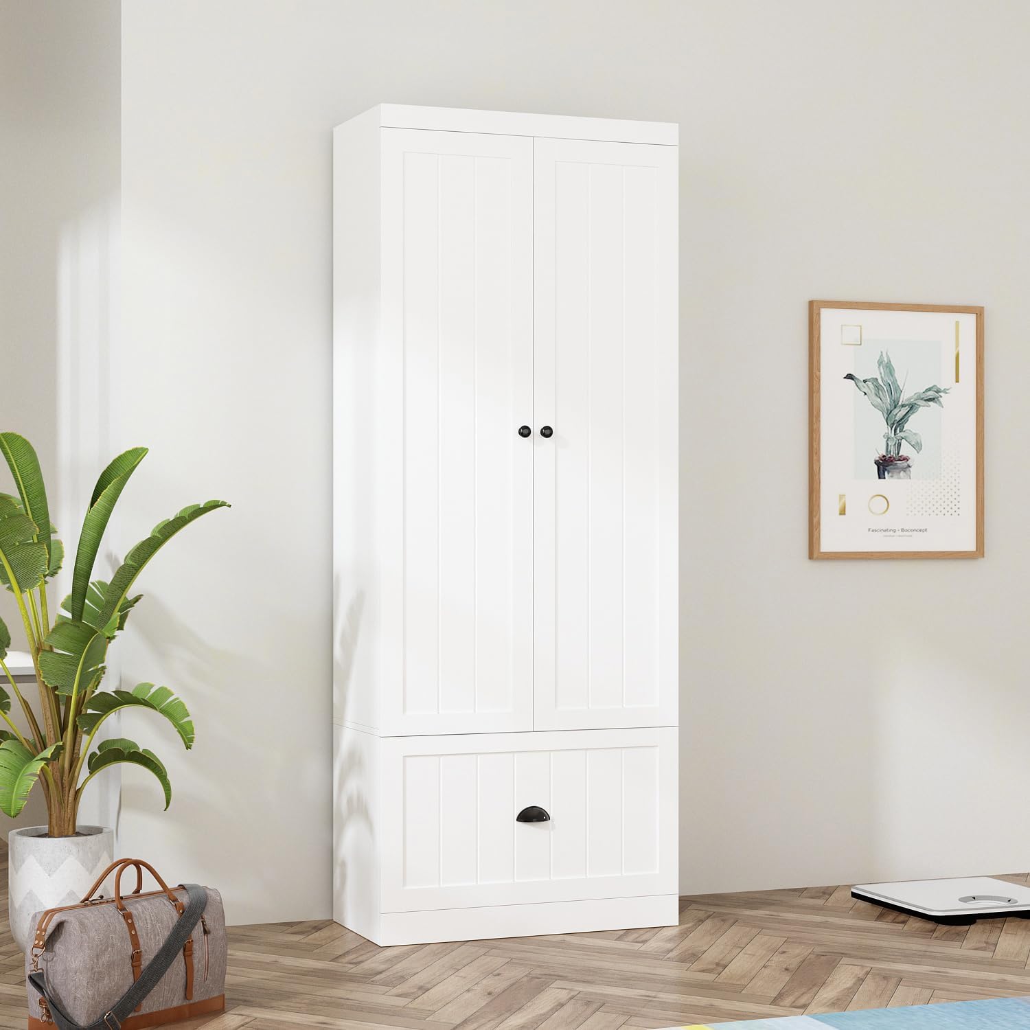 AIEGLE 2 Doors Wardrobe Armoire Closet, Bedroom Storage Cabinet Organizer with 4 Tiers Shelf & Drawer, Freestanding Armoire Wardrobe Cabinet, White (27.6' W x 13.8' D x 70.9' H)