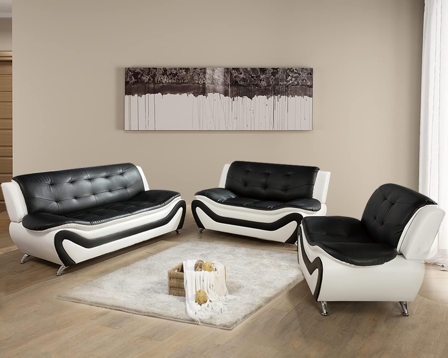 Contemporary Living Room Furniture Set, Vegan Leather Sofa Set for Living Room/House/Bedroom/Office/Apartment (Black&White, Sofa;Love;Chair)