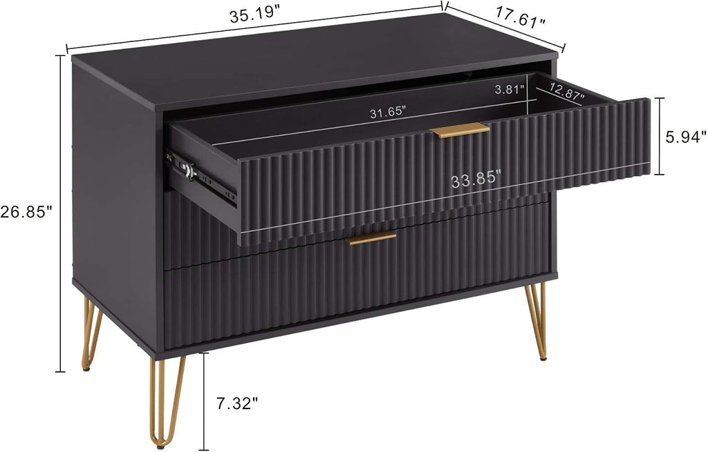 Manhattan Comfort Dumbo 2 Piece Modern Set, 3 Drawer Dresser & 1 Drawer Nightstand with Fluted Ribbed Front, Gold Metal Legs, No Tool Assembly, Storage Cabinet for Bedroom or Living Room in Black
