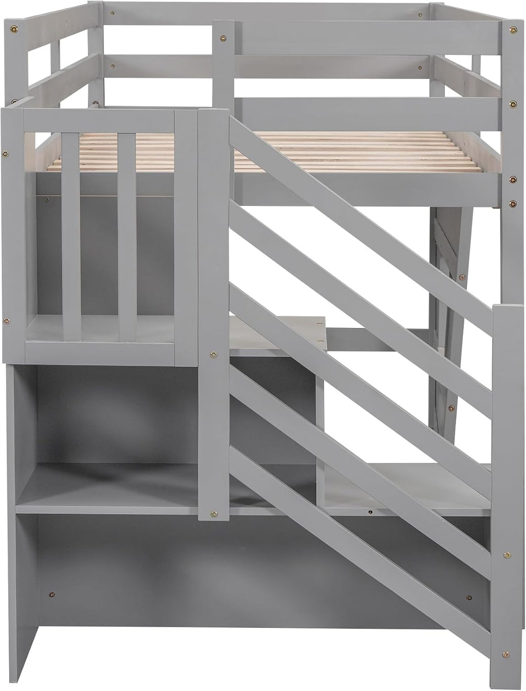 JIVOIT Low Loft Bed with Storage Staircase and Window, Twin Size Loft Bed with Guardrails and Wood Slats Support, Solid Wood Bed Frame, Space Saving Design, No Box Spring Need (Gray,Staircase+Window)