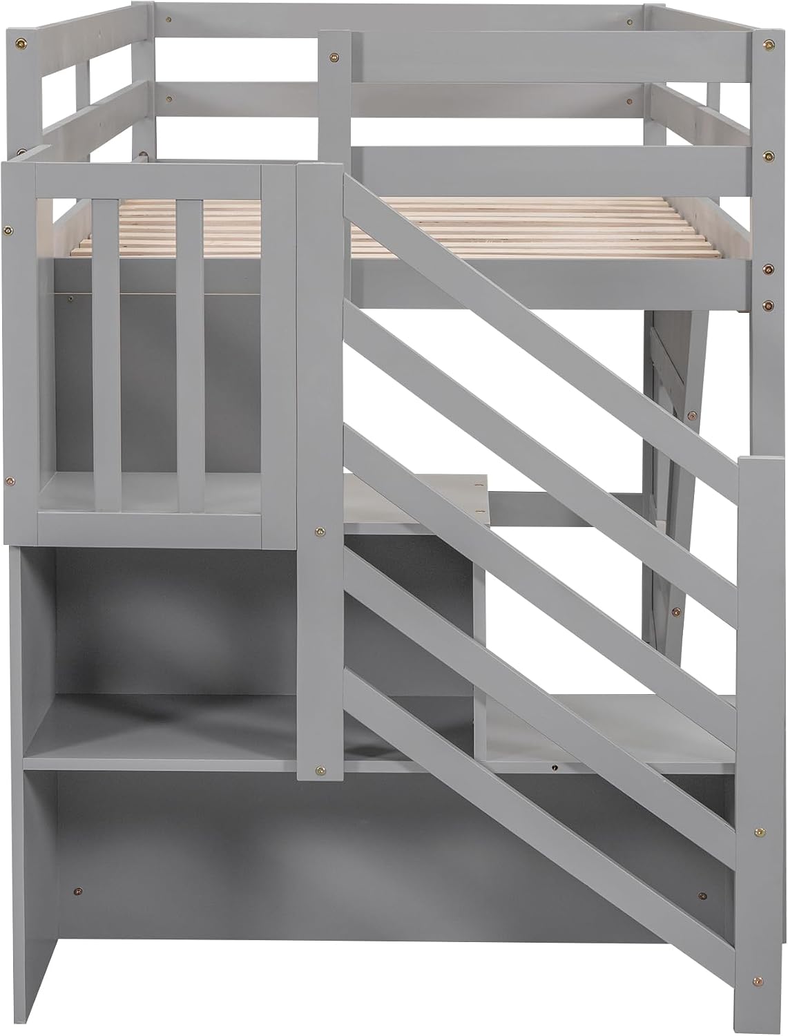 JIVOIT Low Loft Bed with Storage Staircase and Window, Twin Size Loft Bed with Guardrails and Wood Slats Support, Solid Wood Bed Frame, Space Saving Design, No Box Spring Need (Gray,Staircase+Window)