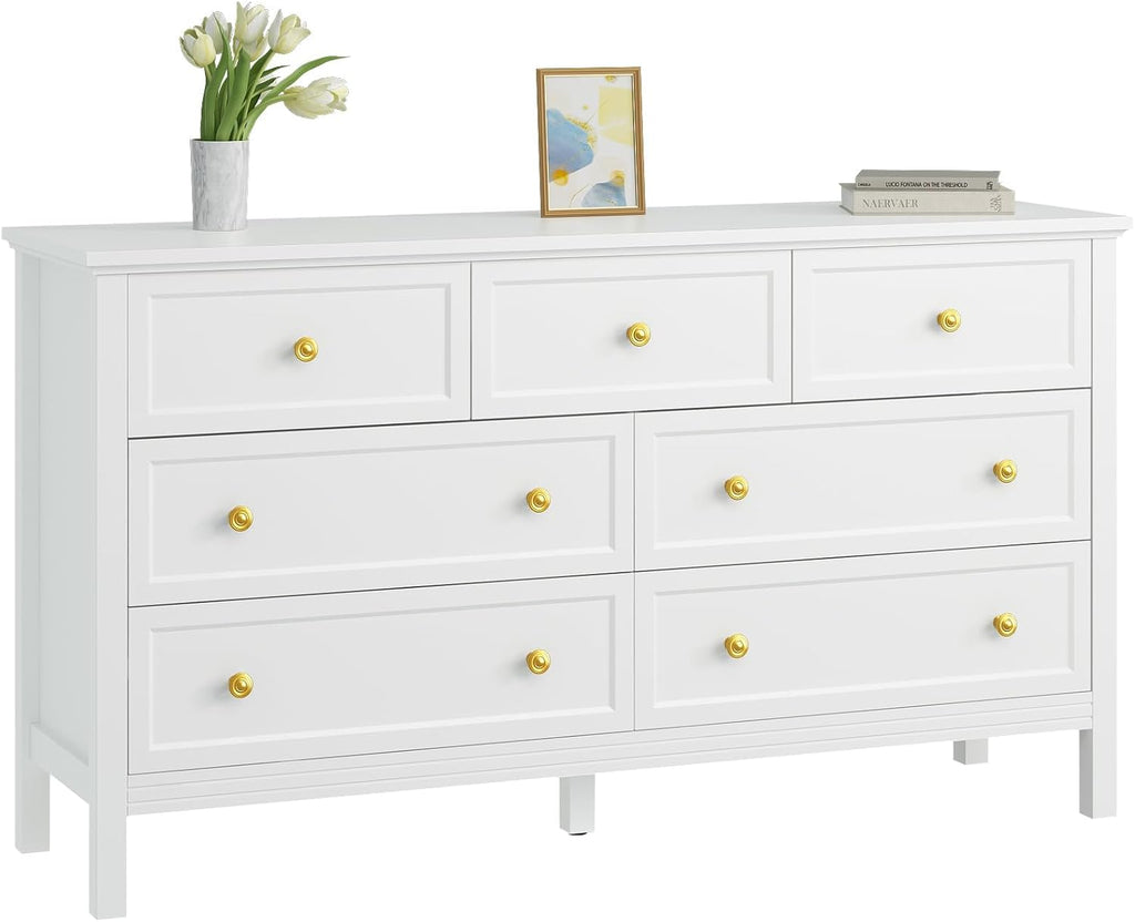 CARPETNAL White Dresser for Bedroom, 7 Drawer Dresser with Wide Drawers and Gold Metal Handles, 55' White and Gold Dressers TV Stand, Modern Dressers & Chests of Drawers for Hallyway, Entryway