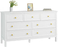 CARPETNAL White Dresser for Bedroom, 7 Drawer Dresser with Wide Drawers and Gold Metal Handles, 55' White and Gold Dressers TV Stand, Modern Dressers & Chests of Drawers for Hallyway, Entryway