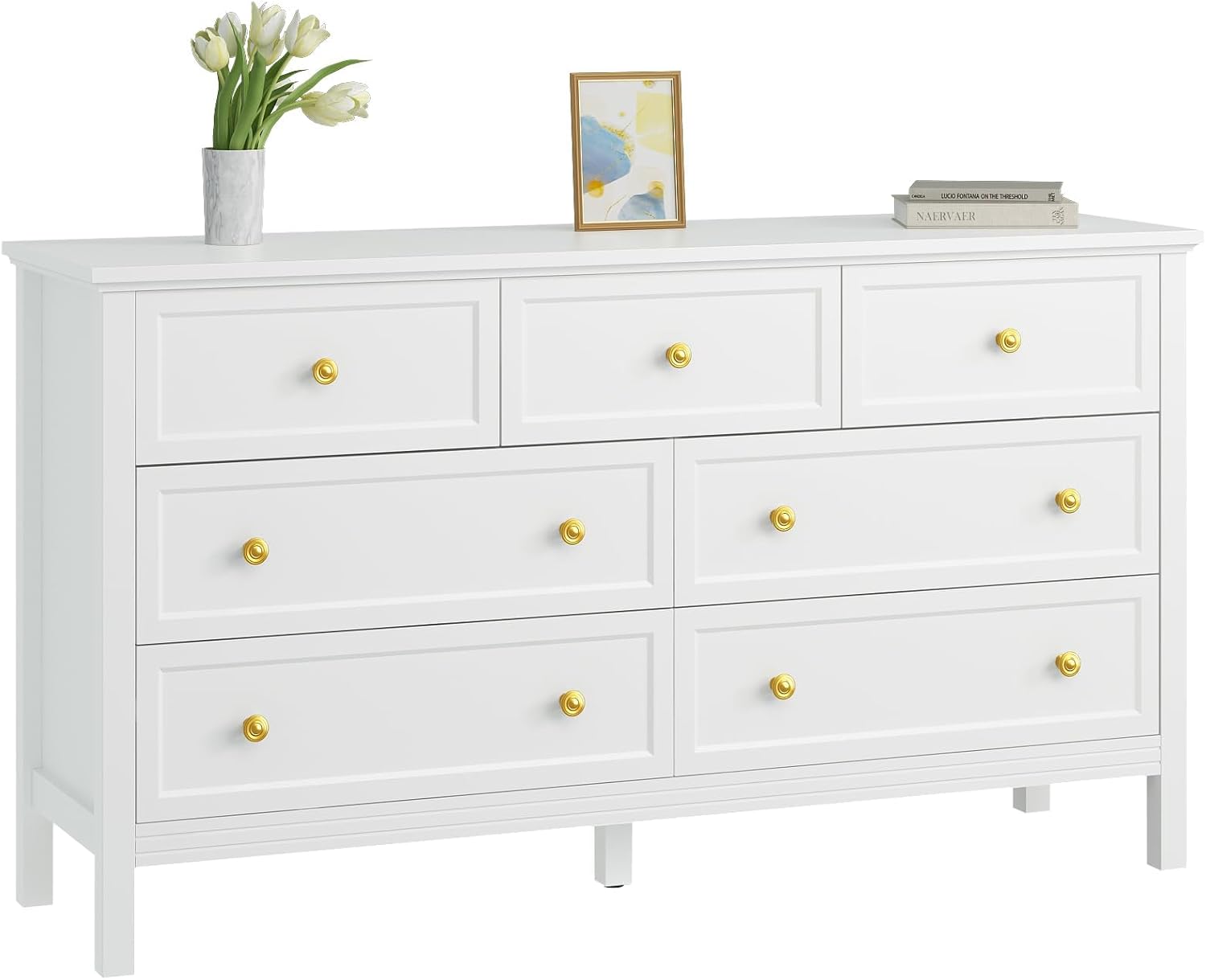 CARPETNAL White Dresser for Bedroom, 7 Drawer Dresser with Wide Drawers and Gold Metal Handles, 55' White and Gold Dressers TV Stand, Modern Dressers & Chests of Drawers for Hallyway, Entryway