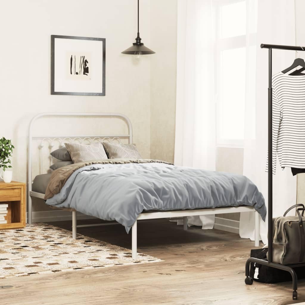 White Steel Bed Frame 39.4 x 78.7 Inches with Headboard, Sturdy Metal Frame for Standard Mattress, Classic Design for Bedroom or Guest Room, Easy Assembly, Rust-Resistant