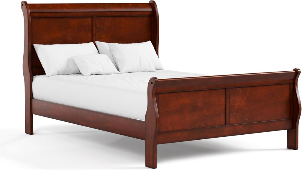 MAKLAINE Modern Transitional Solid Wood Panel Full Bed, Cherry Finish, Sleigh Design with Paneled Headboard, Footboard, and Bracket Feet, 83.5' L x 56.25' W x 47.25' H, Kids Bedroom Furniture