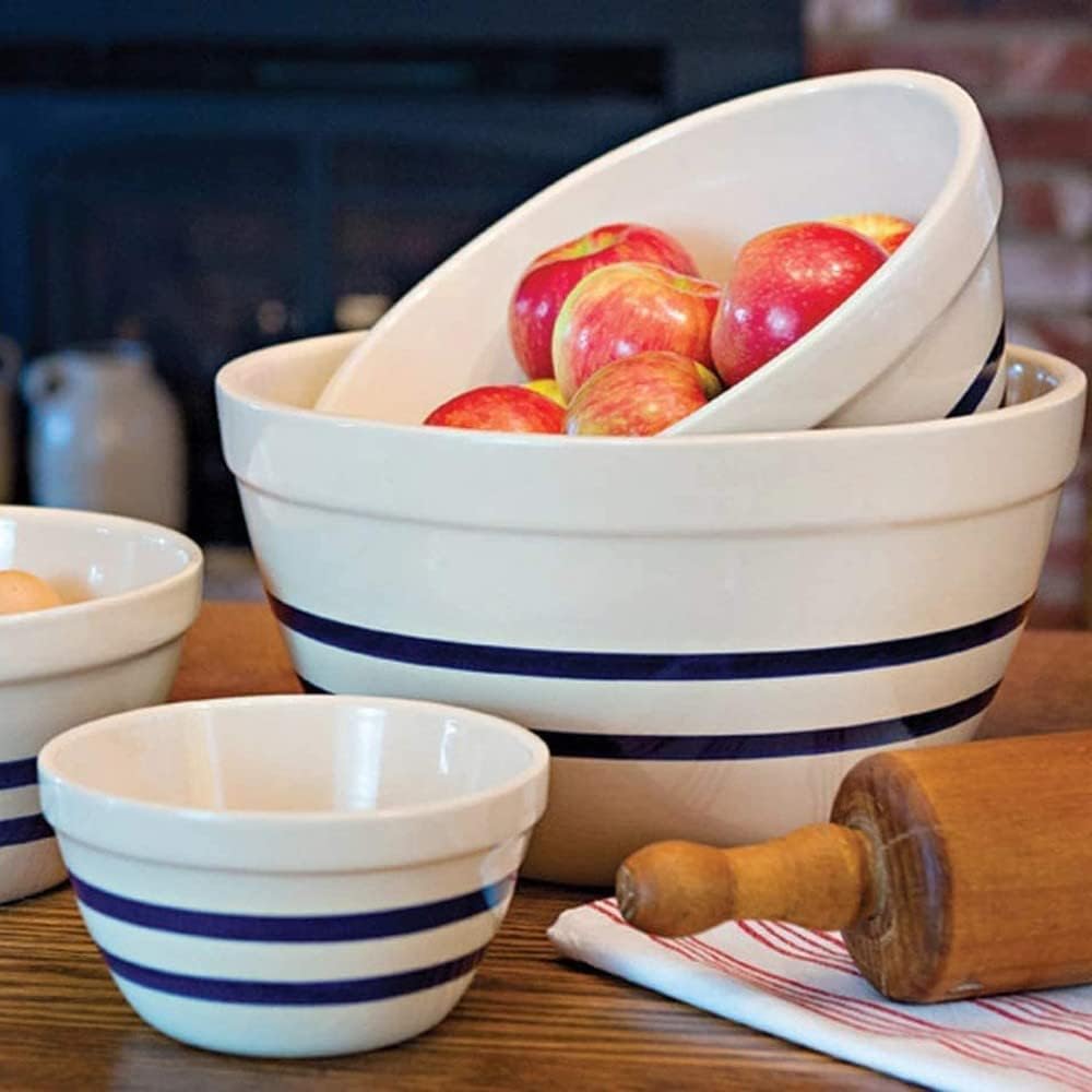 Ohio Stoneware Shoulder Bowls USA Made Tan with Blue Stripe Set of 3 Sizes