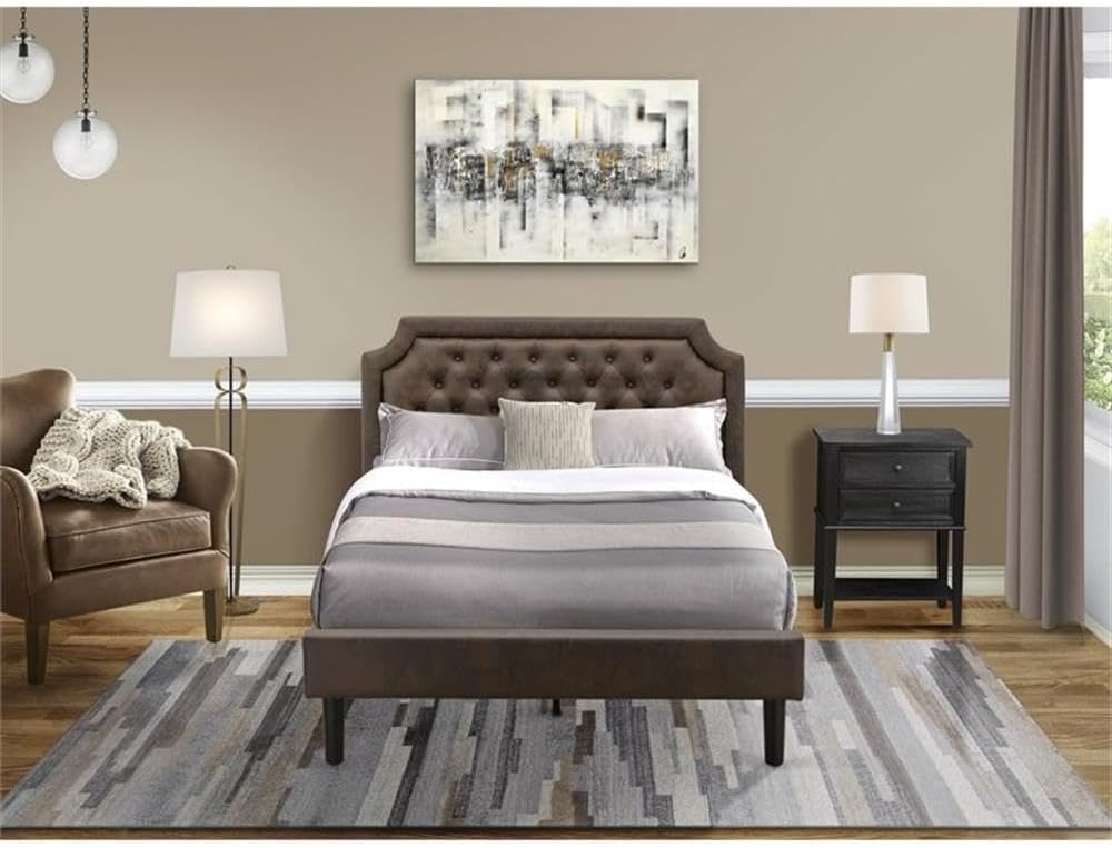 East West Furniture GB25F-1VL06 2-Piece Platform Wooden Set for Bedroom with Button Tufted Full Bed and 1 Wire Brushed Black Night Stands - Dark Brown faux Leather with Black Texture and Black Legs