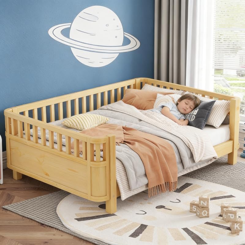 JIJIWANG Montessori Floor Bed with Slats, Low Profile Full Bed Frame for Kids, for Kids Bedroom, Girls & Boys, No Box Spring Needed, Natural