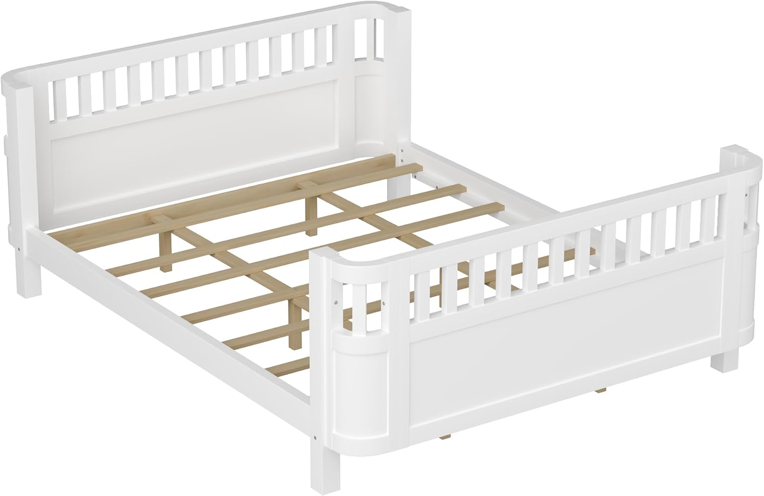 Harper & Bright Designs Queen Size Kids Montessori Bed Frame, Solid Wood Low Profile Bed with Detachable Fence, Rounded Corners & Protective Design, Modern Daybed for Boys, Girls, White