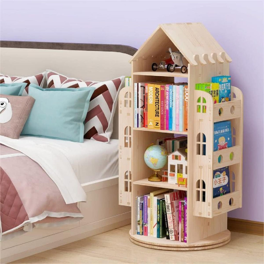 Gdrasuya10 Large Rotating Bookshelf 360 Degree, Wood Castle Bookshelf Bookcase Floor Standing Storage Book Shelf Display Children's Bookcase for Playroom Kidsroom
