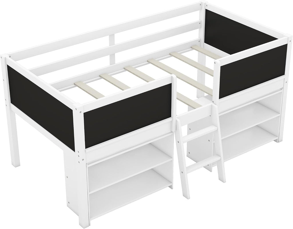 JIVOIT Twin Size Low Loft Bed with Decorative Guardrail Chalkboard, Wooden Loft Bed Frame with Two Movable Shelves and Ladder, Space Saving Design for Kids Teens Bedroom (White & 4 Chalkboard)