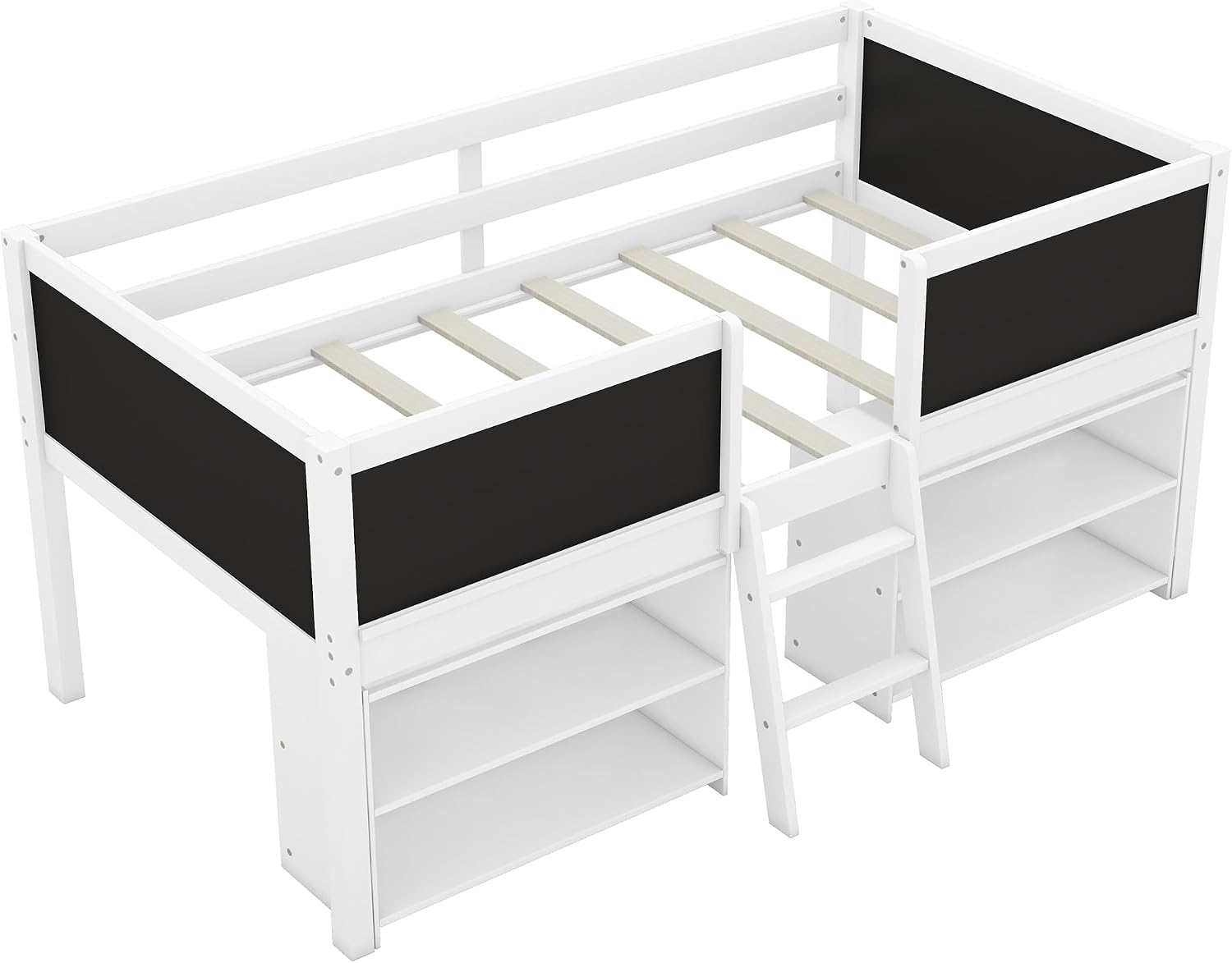 JIVOIT Twin Size Low Loft Bed with Decorative Guardrail Chalkboard, Wooden Loft Bed Frame with Two Movable Shelves and Ladder, Space Saving Design for Kids Teens Bedroom (White & 4 Chalkboard)