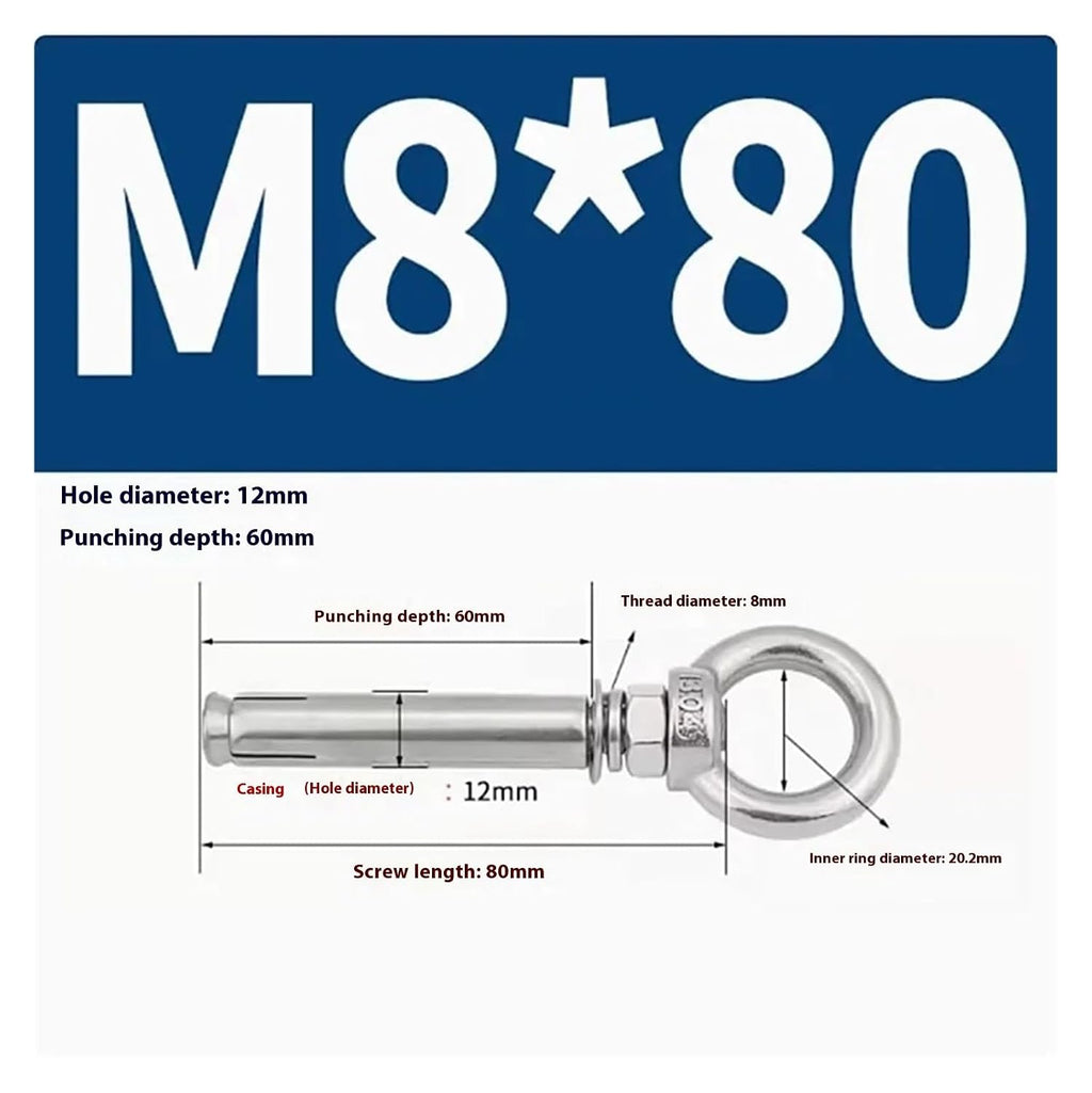 Anchor Bolts,Expansion Bolt, 5Pcs Stainless Steel Universal Ring Expansion Screw Sleeve Anchor Concrete Eye Bolt Installation Artifact Long Hook(M8*80MM)