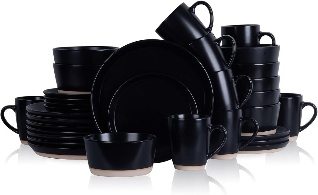 Stone Lain Jules Stoneware 32-Piece Modern Dinnerware Set, Plates and Bowls, Service for 8, Black, Microwave & Dishwasher Safe