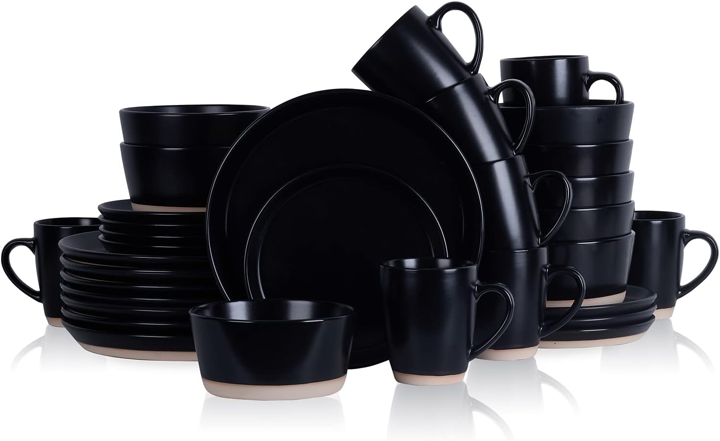 Stone Lain Jules Stoneware 32-Piece Modern Dinnerware Set, Plates and Bowls, Service for 8, Black, Microwave & Dishwasher Safe