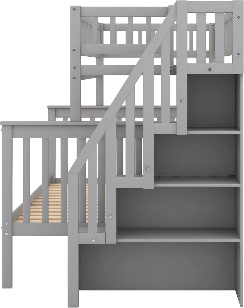 Harper & Bright Designs Wooden Bunk Bed with Stairs Twin Over Full Bunk Bed with Storage and Guard Rail for Kids Teens Adults (Gray)