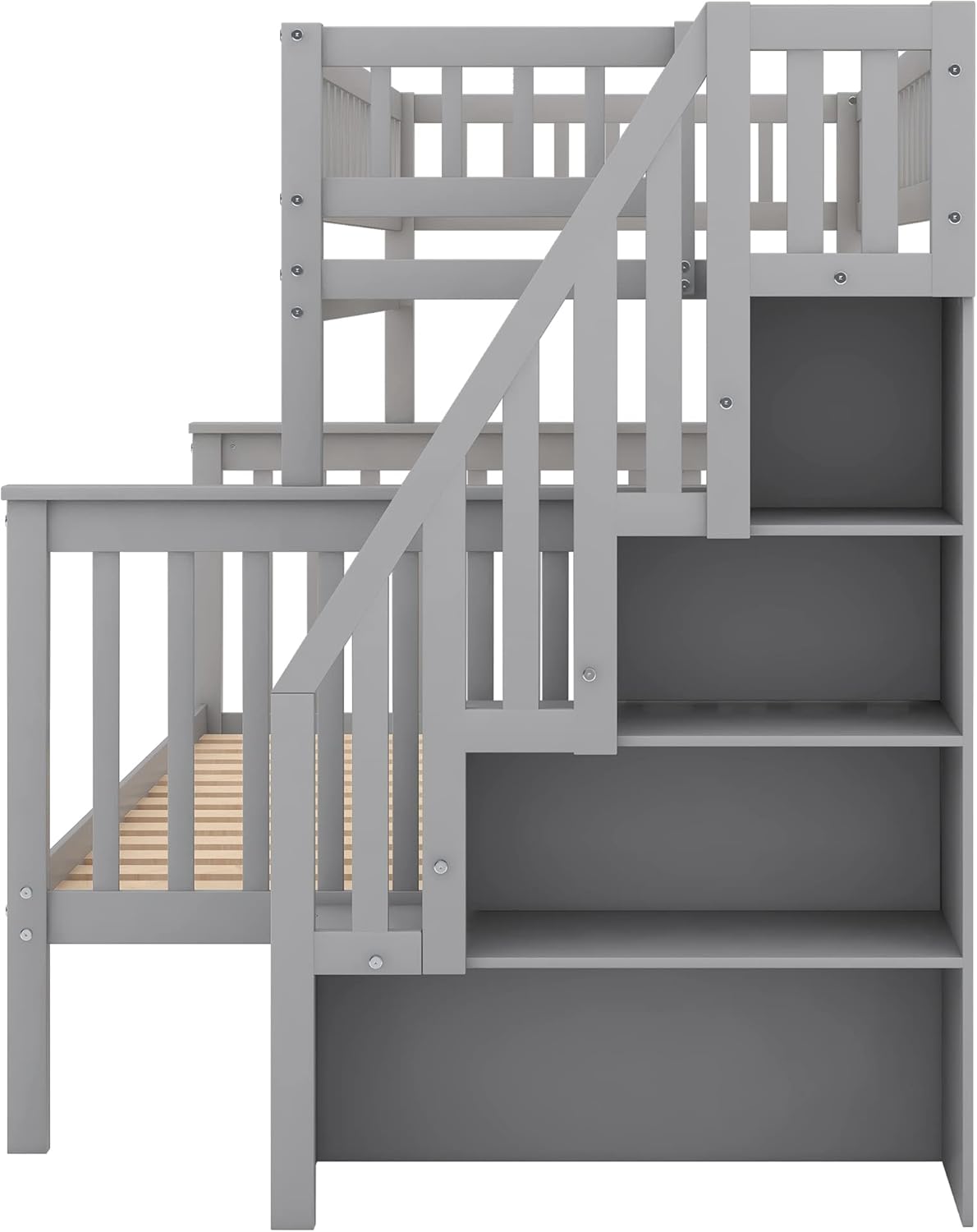 Harper & Bright Designs Wooden Bunk Bed with Stairs Twin Over Full Bunk Bed with Storage and Guard Rail for Kids Teens Adults (Gray)
