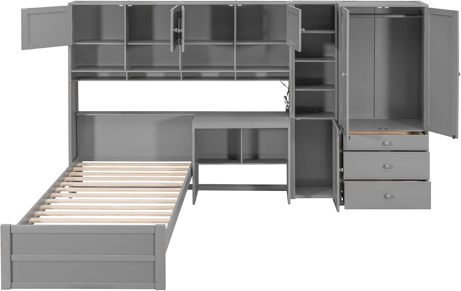 Multifunctional Design Twin Size Platform Bed with All-in-One Vertical Cabinet Bookcase and Desk, Solid Wood Platform Bed Frame with Storage Headboard, Drawers and Shelves (Gray-1.2)
