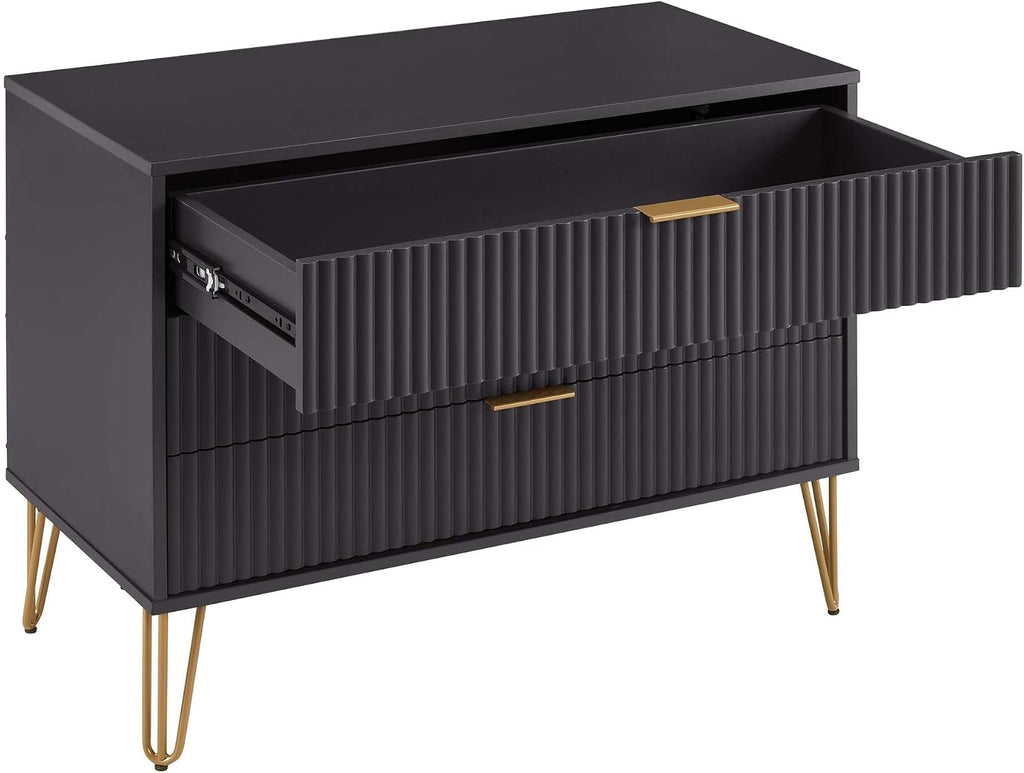 Manhattan Comfort Dumbo 2 Piece Modern Set, 3 Drawer Dresser & 1 Drawer Nightstand with Fluted Ribbed Front, Gold Metal Legs, No Tool Assembly, Storage Cabinet for Bedroom or Living Room in Black