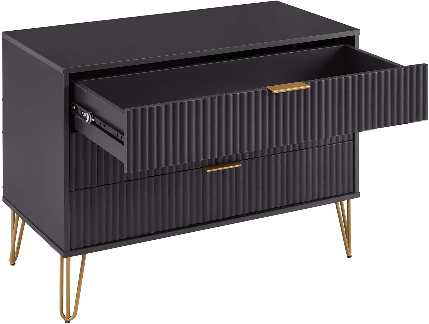 Manhattan Comfort Dumbo 2 Piece Modern Set, 3 Drawer Dresser & 1 Drawer Nightstand with Fluted Ribbed Front, Gold Metal Legs, No Tool Assembly, Storage Cabinet for Bedroom or Living Room in Black