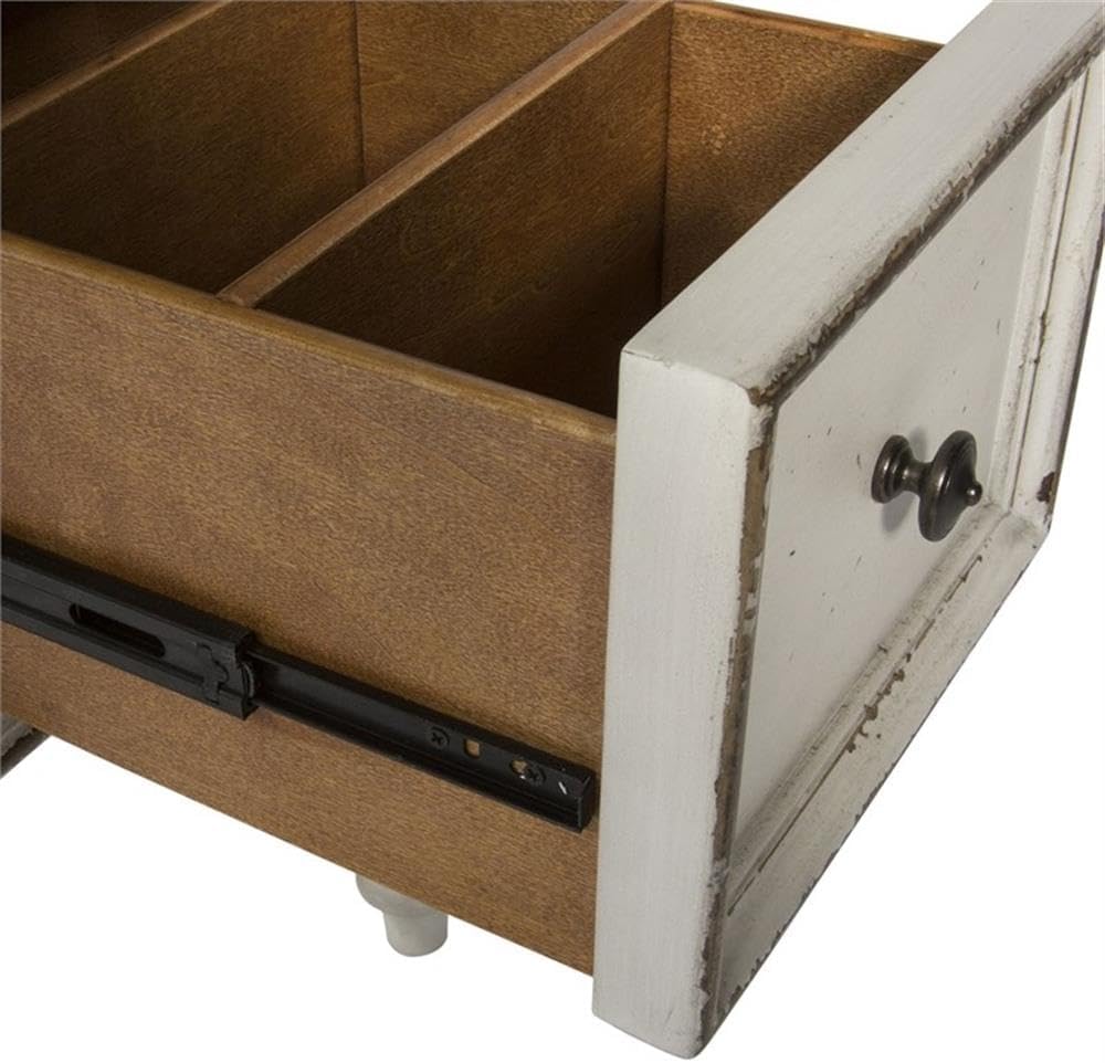 Pemberly Row Contemporary Magnolia Manor 3-Piece Vanity Set, Antique White and Weathered Brown Finish, Ivory Tweed Chenille Upholstered Stool, Trifold Mirror, Bedroom Furniture