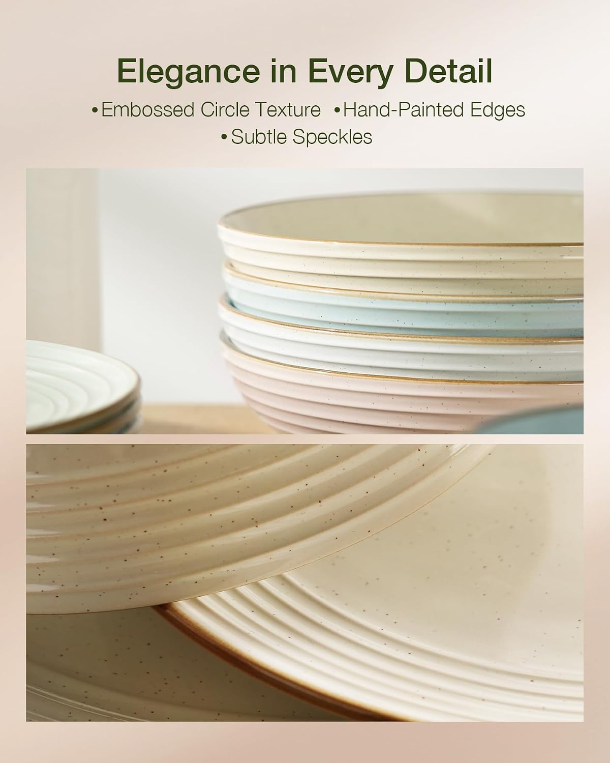 Famiware Jupiter 24-Piece Stoneware Dinnerware Set for 8, Handcrafted Plates and Bowls with Speckles & Embossed Swirls, Chip/Scratch Resistant, Microwave/Dishwasher Safe, Rustic Dishes, Multi-color