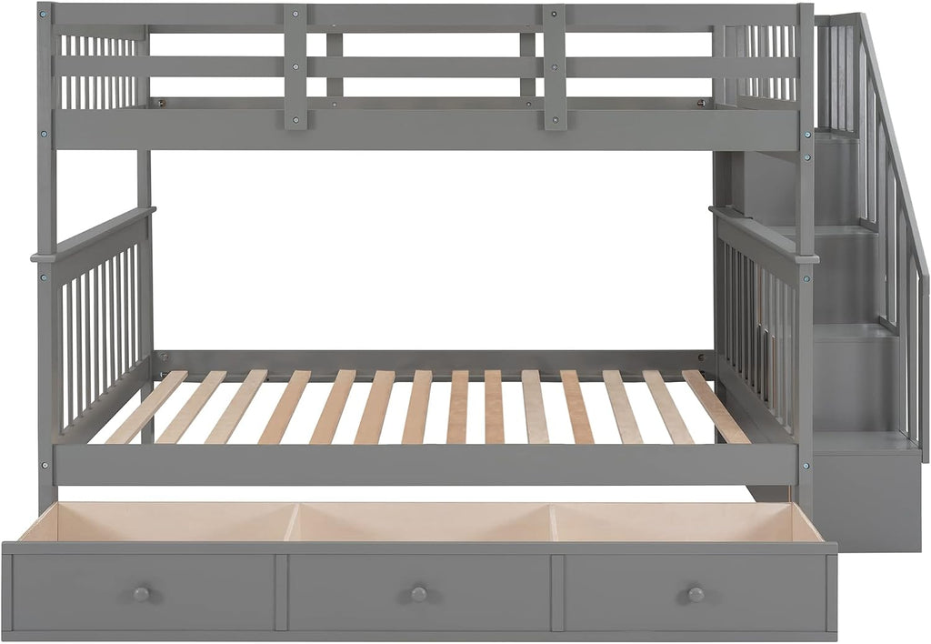 Harper & Bright Designs Full-Over-Full Bunk Bed with Storage Drawers, Soild Wood Stairway Bunk Bed with Full-Length Guard Rail Can Be Divided into 2 Beds for Boys Girls, No Box Spring Needed(Grey)