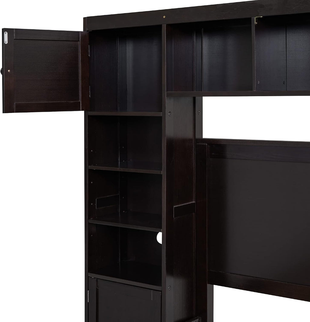 Harper & Bright Designs Wood Full Storage Bed Frame with Cabinet and Shelf, Full Size Platform Bed with 4 Drawers & Bookcase Headboard,Espresso